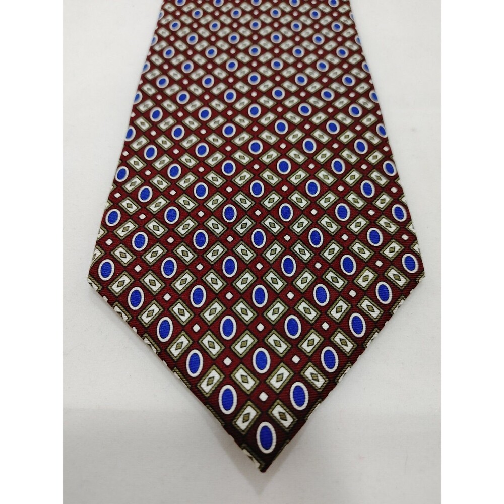 Vintage Claybrooke Men's Tie - Red Burgundy Blue Geometric Diamond Silk USA